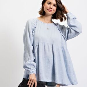- Easel Light Blue  Relaxed Tunic with Boxy Pleated Design